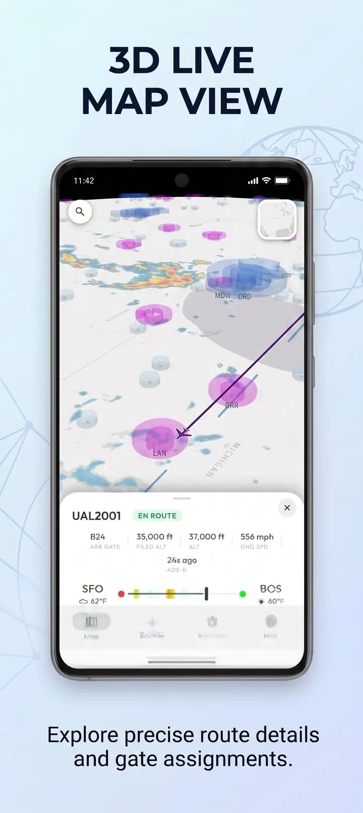 Flights and weather rendered on an interactive 3D globe with extruded airspace volumes and storm cells.