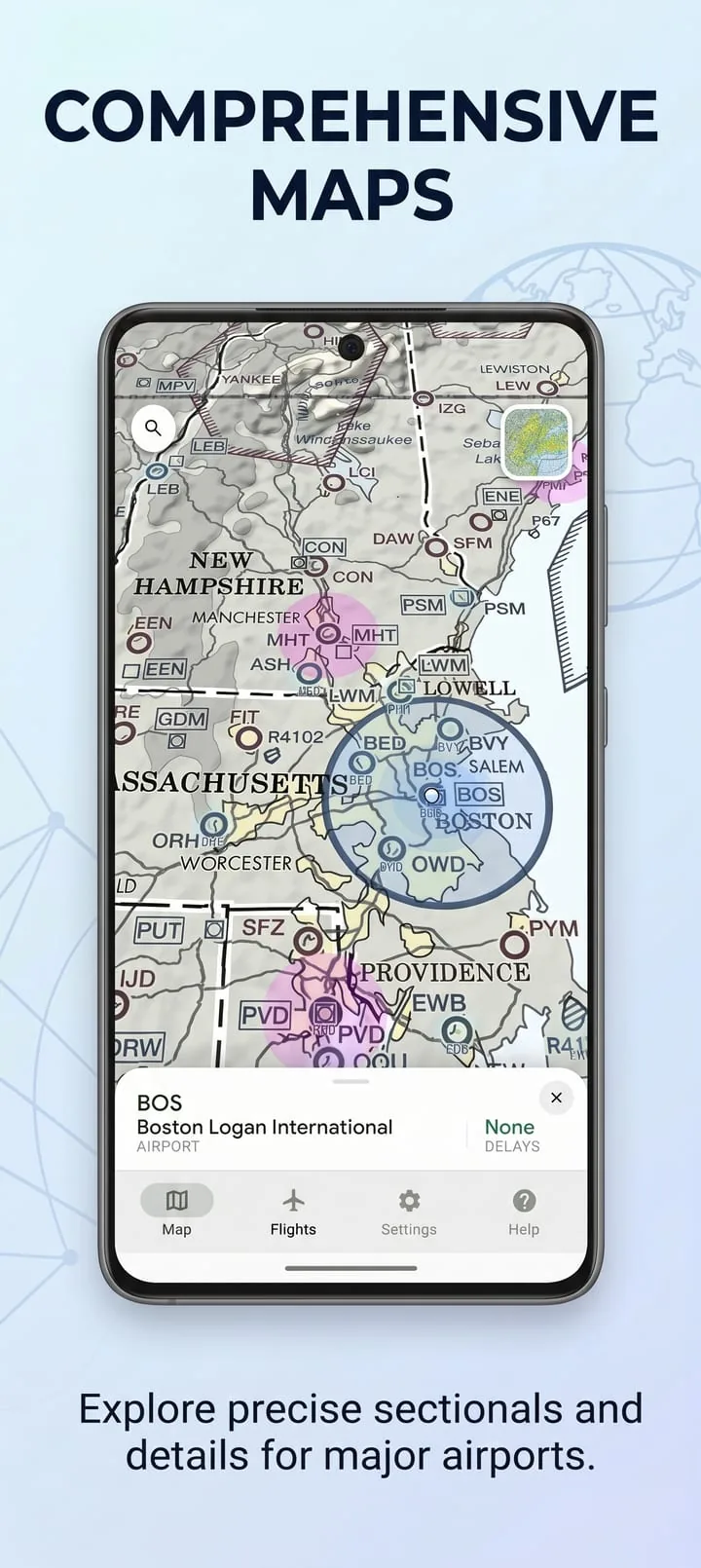 A VFR sectional chart with detailed airport information and live FAA delay status for Boston Logan.