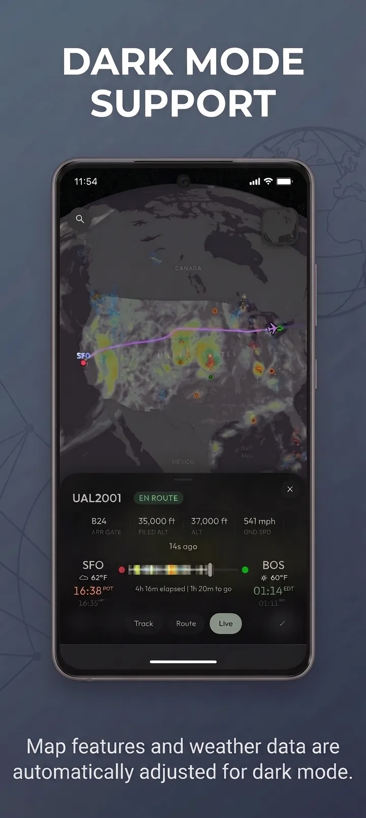 A live 3D map in dark mode showing UAL2001 en route from SFO to BOS with NEXRAD radar overlay and the flight info panel open.