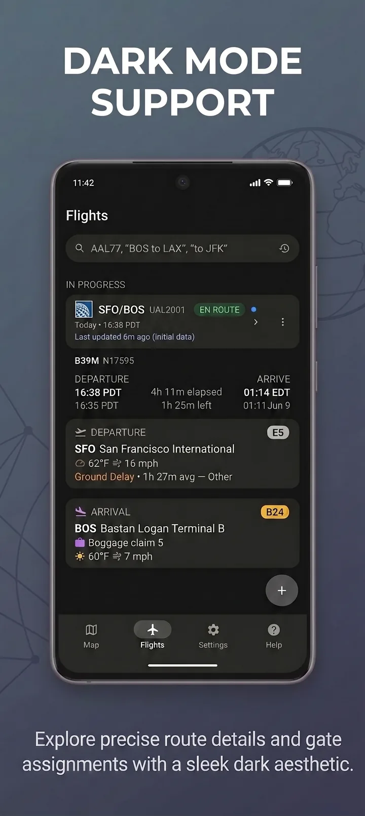 An expanded flight detail card with gate, terminal, and baggage-claim information in Airside's dark theme.