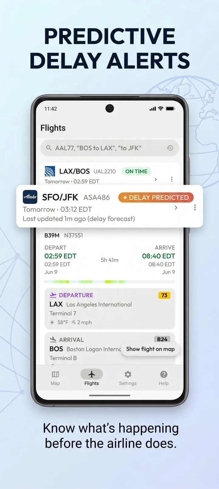 A predicted-delay alert surfacing on a saved flight before the airline has posted an official delay.