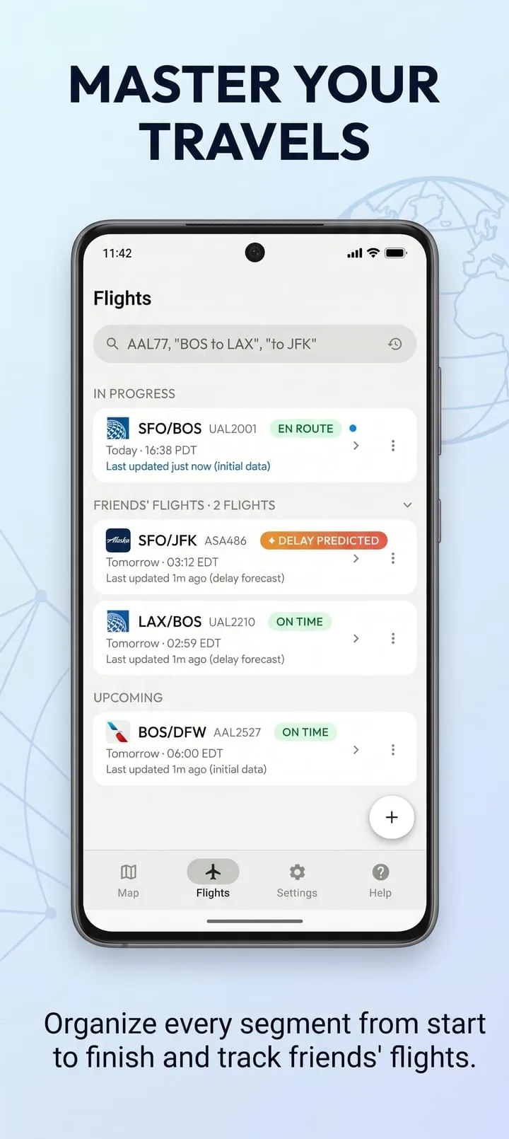 Airside Flights list grouping in-progress, friends', and upcoming flights with live status badges including a predicted delay.