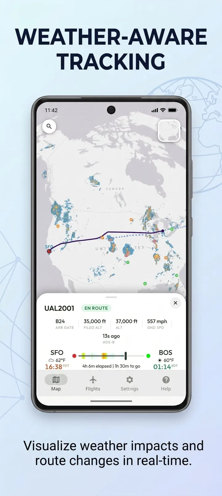 Live flight tracking over NEXRAD radar with the filed route and a turbulence-forecast timeline along the progress bar.